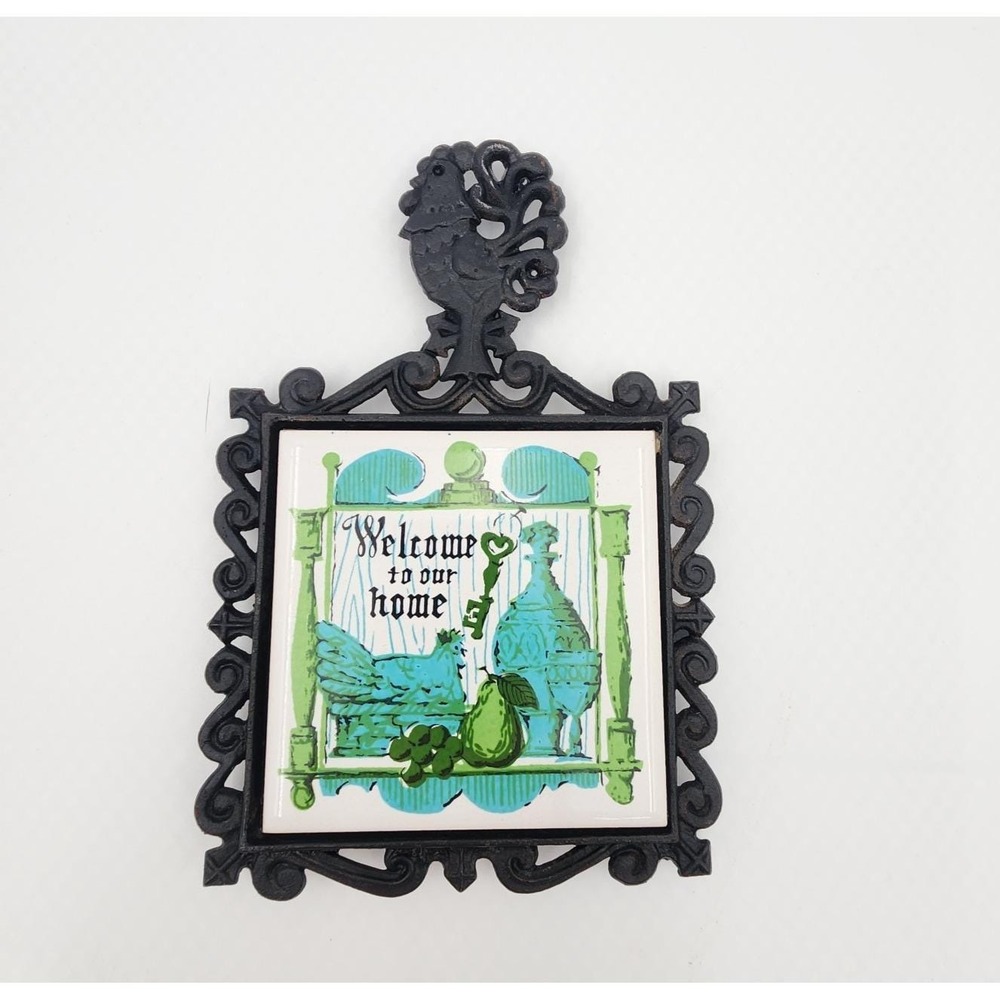 Vintage Cherry Cast Iron Tile Trivet Welcome to Our Home Square Green Blue Retro